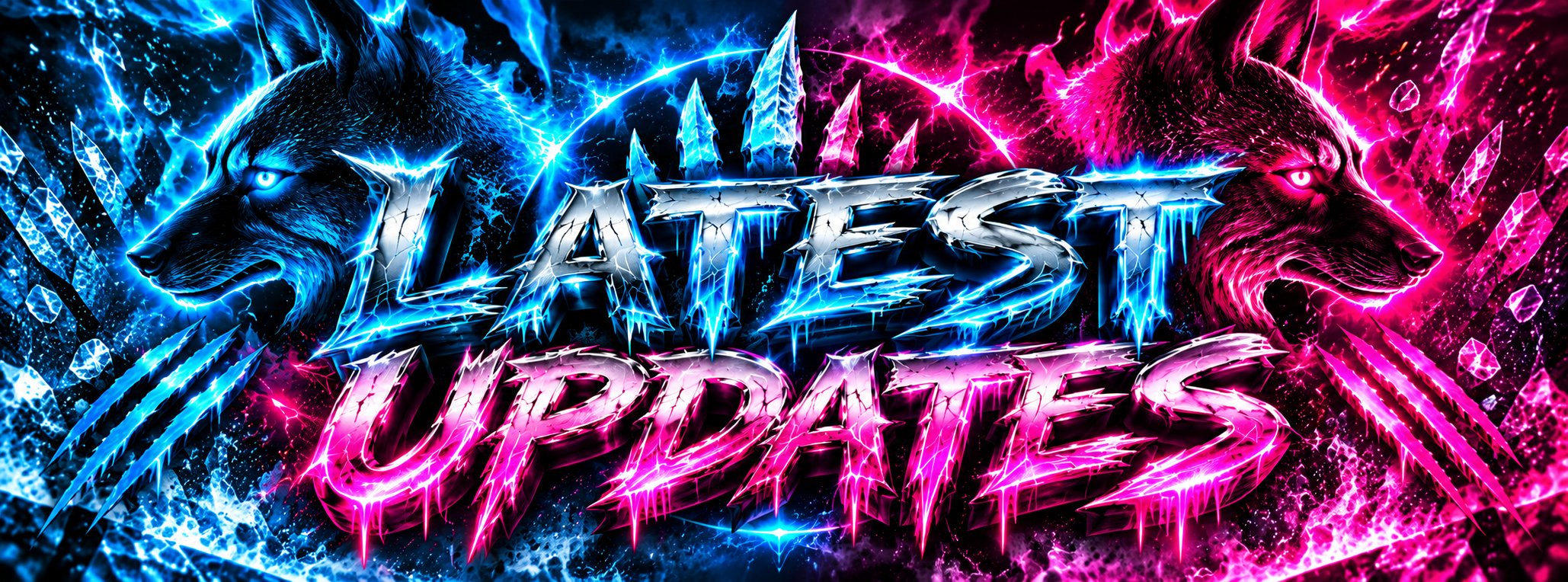 LATEST UPDATES — electric blue and neon pink wolf banner